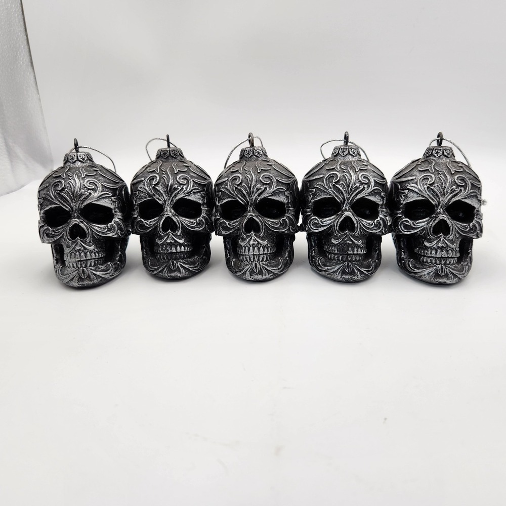 Set of 5 DWK 2020 Gothic Skull Hanging Ornaments Silver Black Resin Tribal Decor